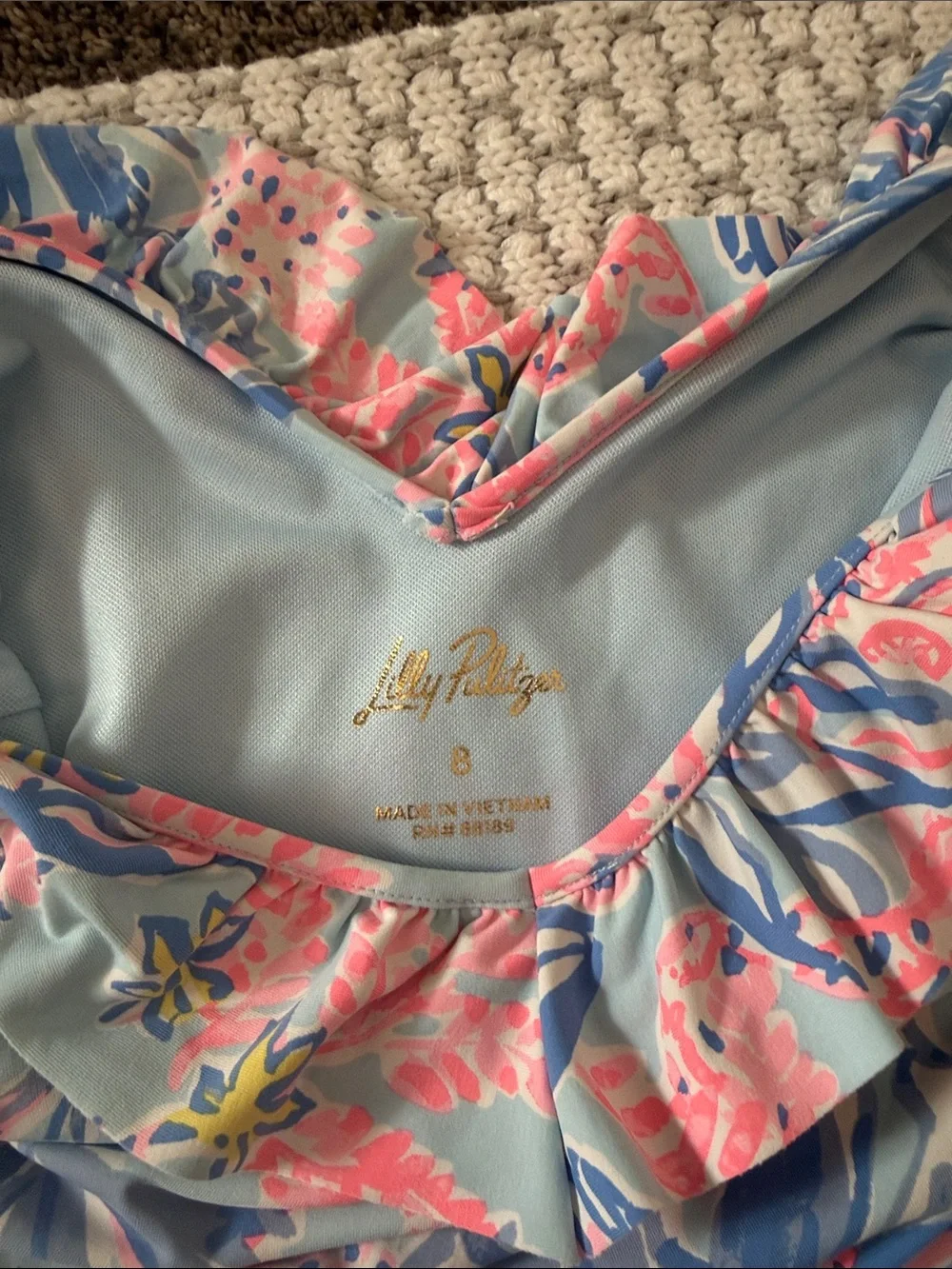 Lilly Pulitzer Girls Floral Ruffle One-Piece — Light Blue, Pink & Navy